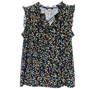 Tommy Hilfiger Floral Blouse Small Navy Ruffle Tie Neck Sleeveless Top